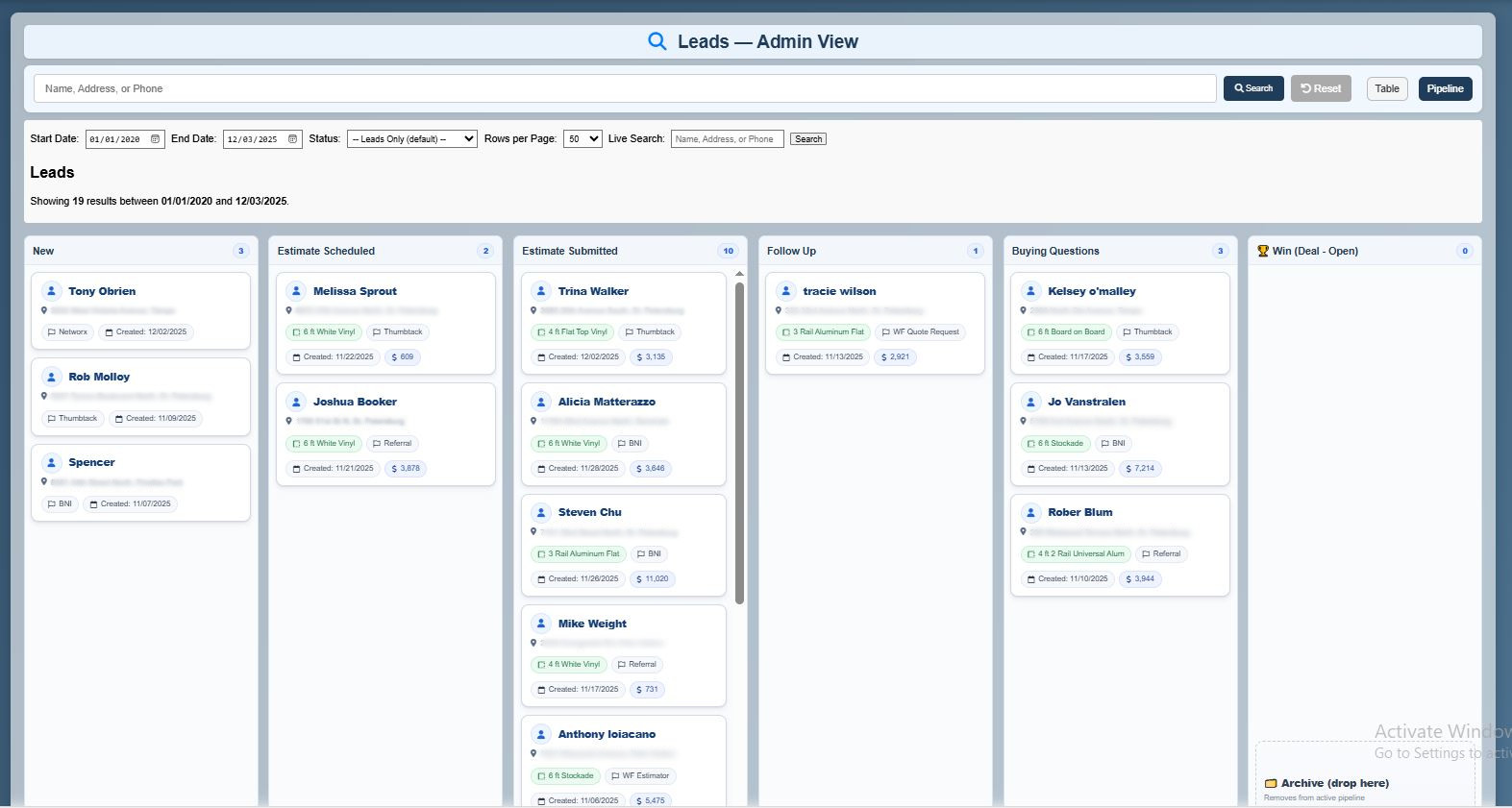Fence CRM pipeline screenshot (leads, quotes, jobs tracking)