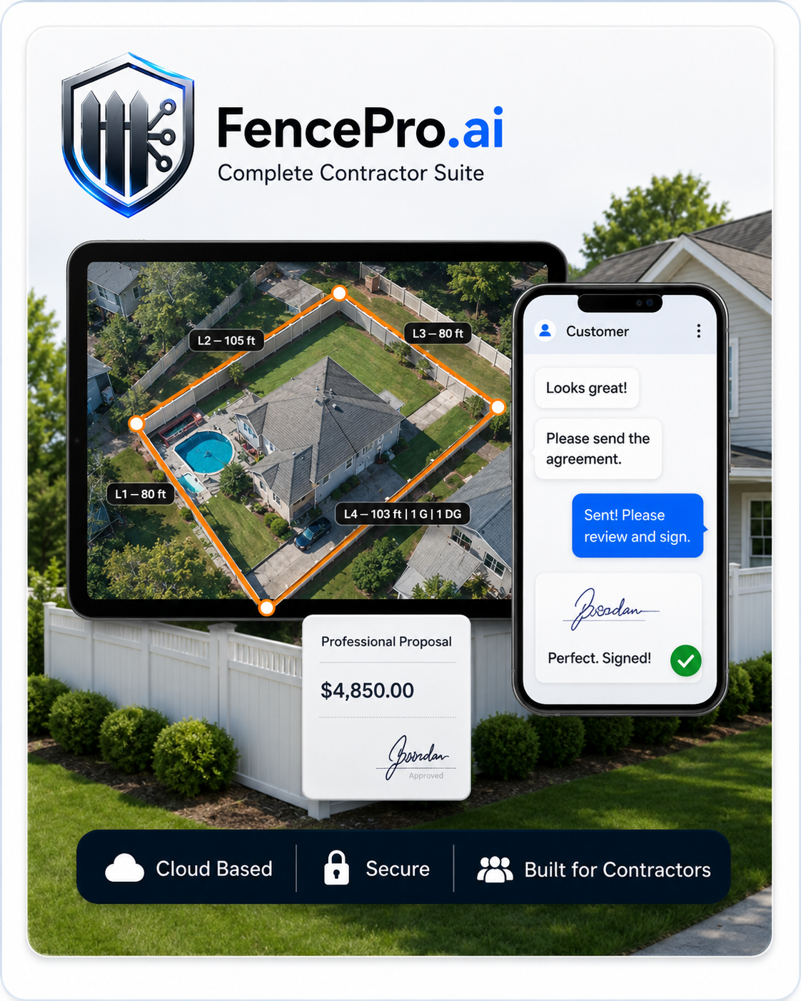 FencePro.ai fence estimating software showing an aerial property measurement, customer approval, and professional proposal