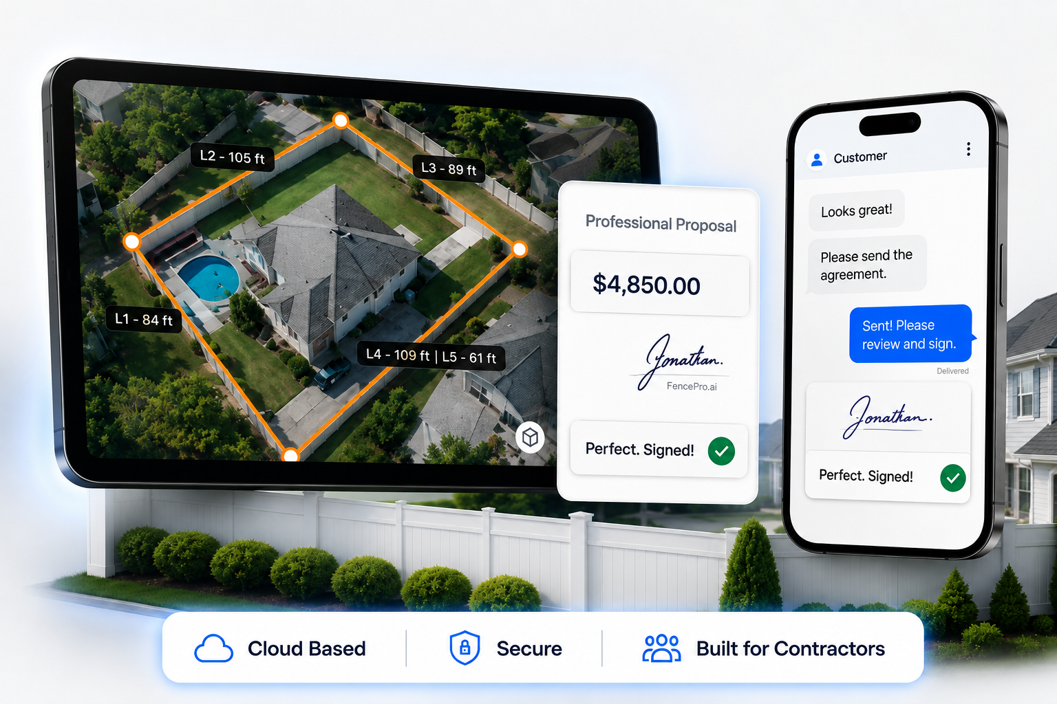 FencePro.ai contractor sandbox showing an aerial fence measurement, professional proposal, and signed customer approval