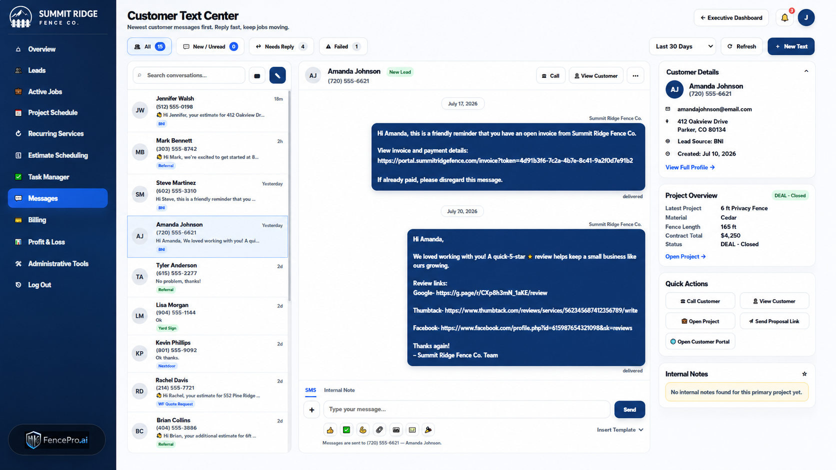 FencePro.ai customer text center with conversations, reminders, project details, and quick actions
